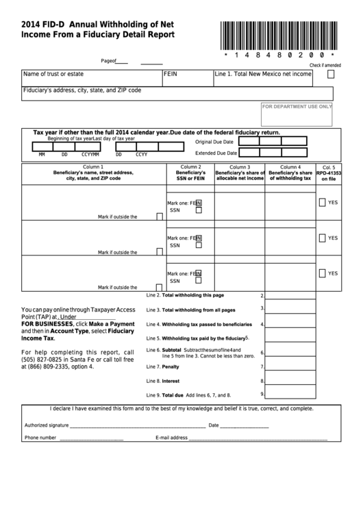 Form Fid-D Annual Withholding Of Net Income From A Fiduciary Detail Report - 2014 Printable pdf