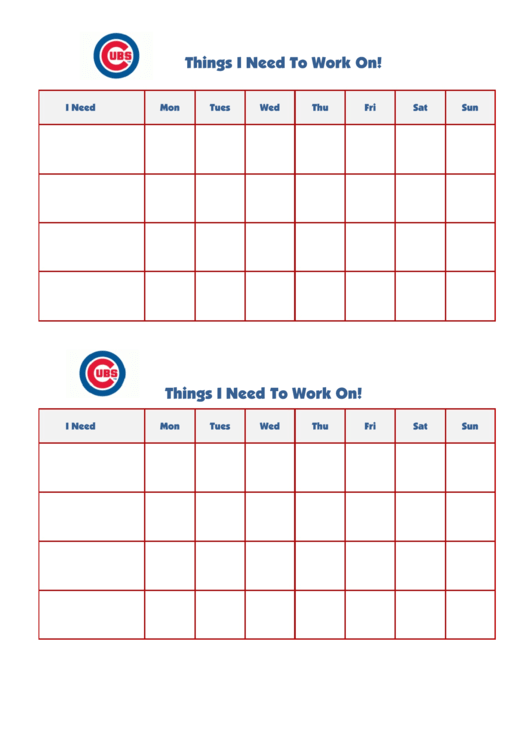 Things I Need To Work On Chart - Chicago Cubs Double Printable pdf