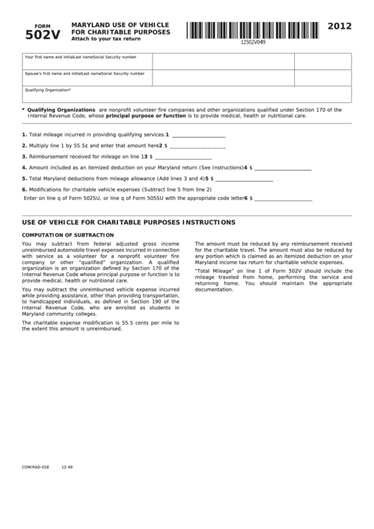 Fillable Form 502v - Maryland Use Of Vehicle For Charitable Purposes - 2012 Printable pdf