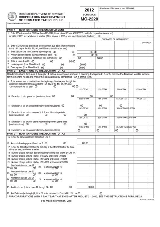 Fillable Schedule Mo-2220 - Corporation Underpayment Of Estimated Tax Schedule - 2012 Printable pdf
