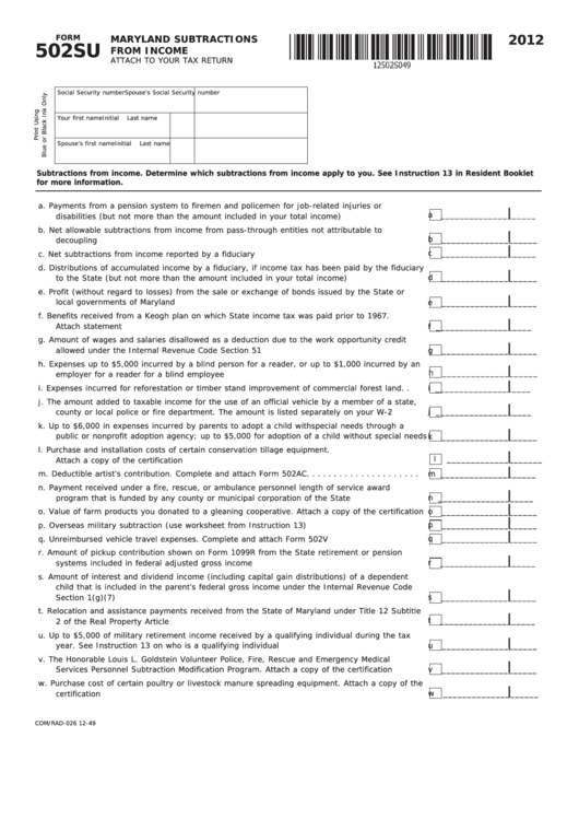 Fillable Form 502su - Maryland Subtractions From Income - 2012 Printable pdf