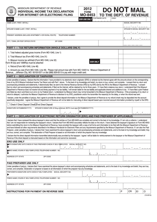 Form Mo-8453 - Individual Income Tax Declaration For Internet Or Electronic Filing - 2012 Printable pdf