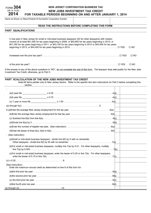 Fillable Form 304 - New Jobs Investment Tax Credit - 2014 Printable pdf
