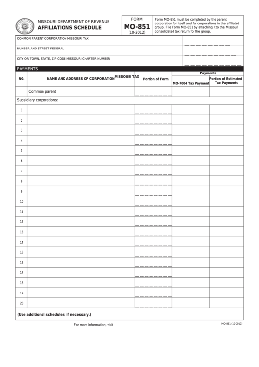 Fillable Form Mo-851 - Affiliations Schedule Printable pdf