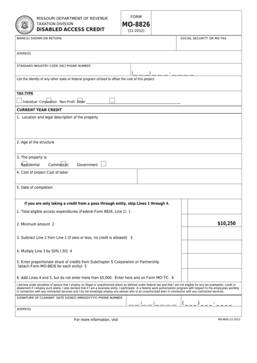 Fillable Form Mo-8826 - Disabled Access Credit Printable pdf