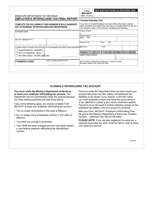 Fillable Form Mo 941f Employer S Withholding Tax Final Report Printable Pdf Download