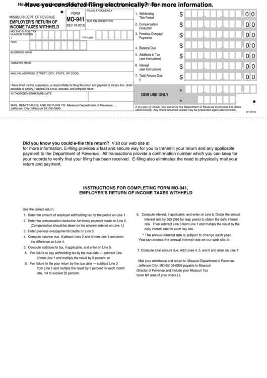 Fillable Form Mo941 Employer'S Return Of Taxes Withheld