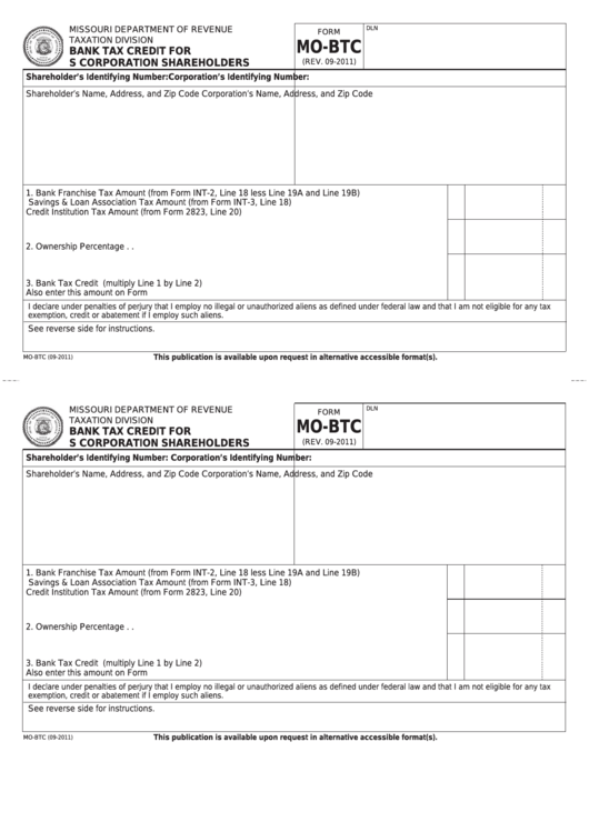 Fillable Form Mo-Btc - Bank Tax Credit For S Corporation Shareholders Printable pdf