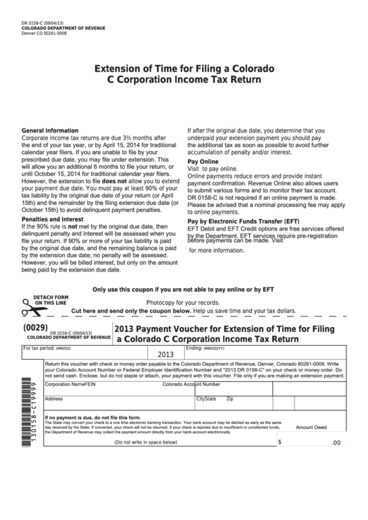 Fillable Form Dr 0158-C - Payment Voucher For Extension Of Time For Filing A Colorado C Corporation Income Tax Return - 2013 Printable pdf