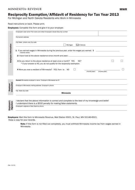 Fillable Form Mwr - Reciprocity Exemption/affidavit Of Residency For Tax Year 2013 Printable pdf