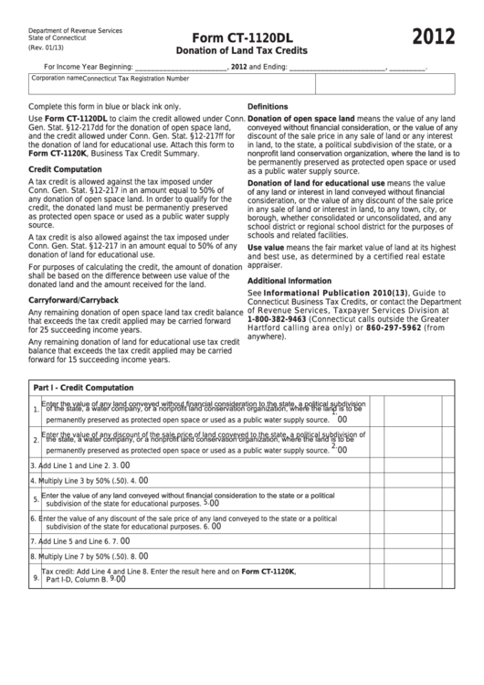 Form Ct-1120dl - Donation Of Land Tax Credits - 2012 Printable pdf
