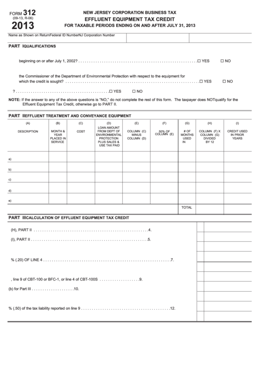 Fillable Form 312 - Effluent Equipment Tax Credit - 2013 Printable pdf