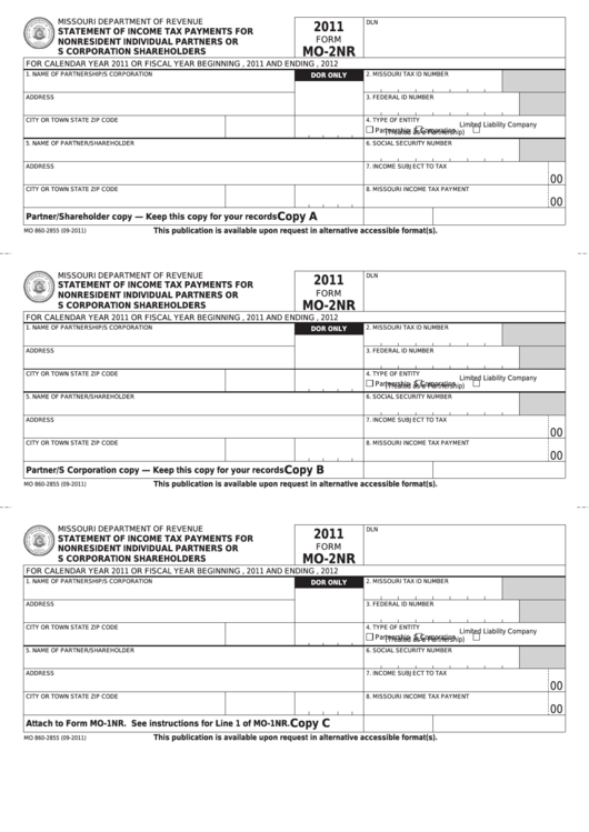 Fillable Form Mo-2nr - Statement Of Income Tax Payments For Nonresident Individual Partners Or S Corporation Shareholders - 2011 Printable pdf
