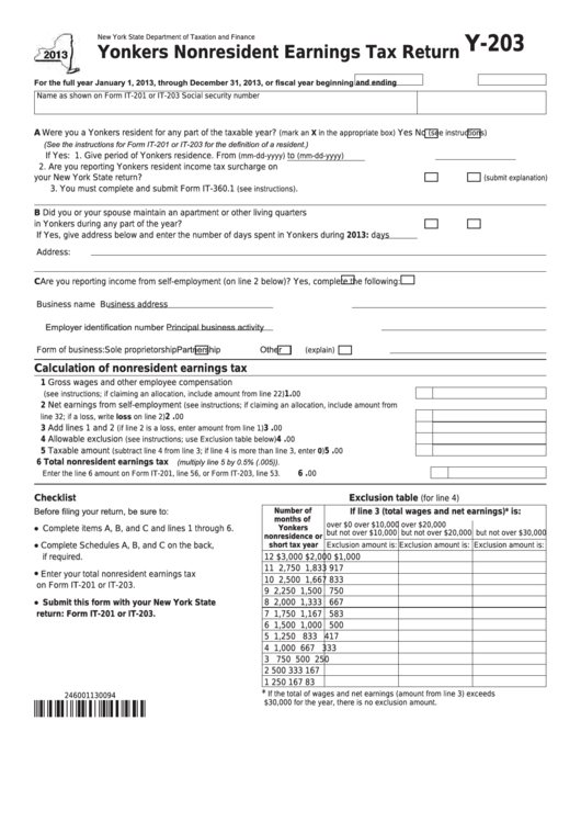 fillable-form-y-203-yonkers-nonresident-earnings-tax-return-2013