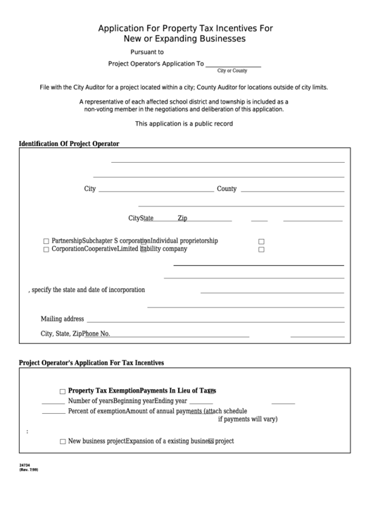 Form 24734 - Application For Property Tax Incentives For New Or Expanding Businesses Printable pdf