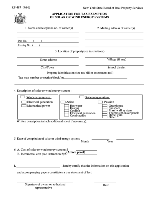 Form Rp-487 - Application For Tax Exemption Of Solar Or Wind Energy Systems Printable pdf