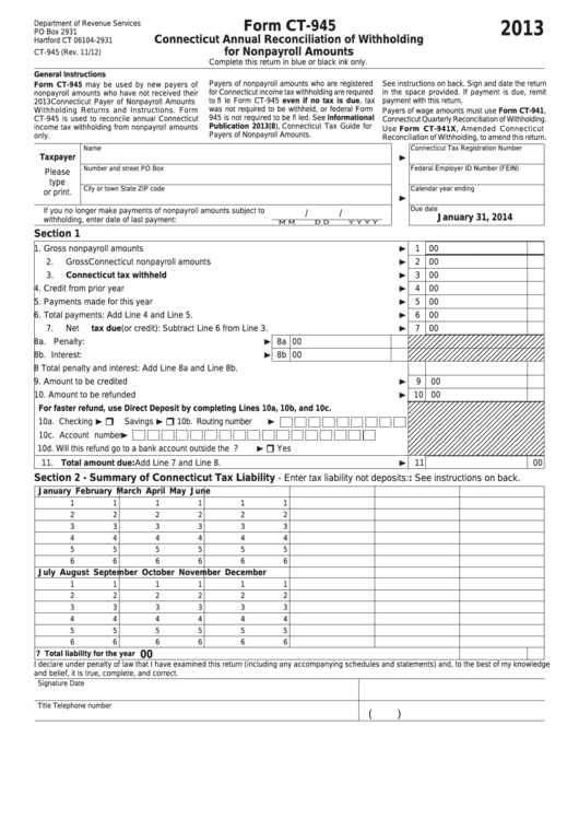 Form Ct-945 - Connecticut Annual Reconciliation Of Withholding For Nonpayroll Amounts - 2013 Printable pdf