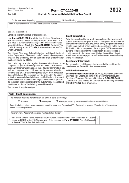 Form Ct-1120hs - Historic Structures Rehabilitation Tax Credit - 2012 Printable pdf