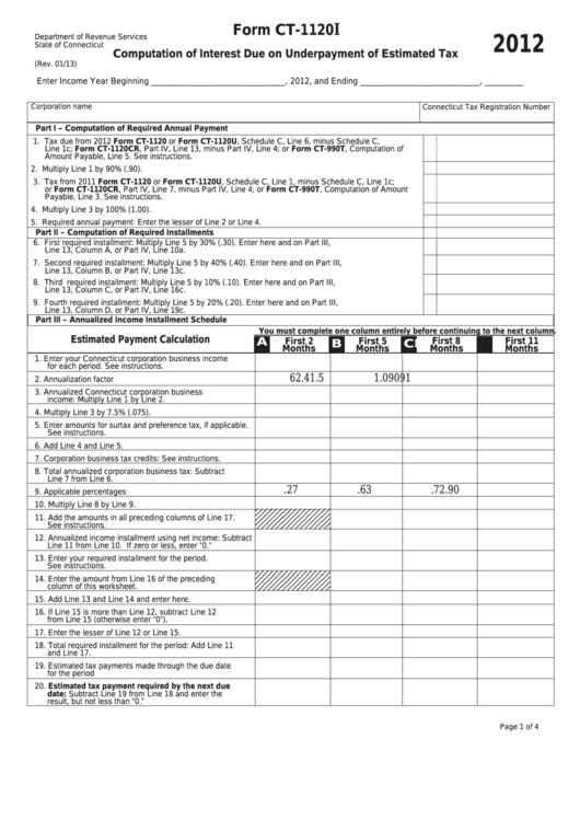 Form Ct-1120i - Computation Of Interest Due On Underpayment Of Estimated Tax - 2012 Printable pdf