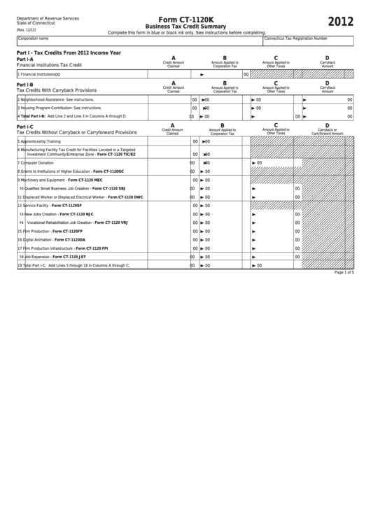 Fillable Form Ct-1120k - Business Tax Credit Summary - 2012 Printable pdf