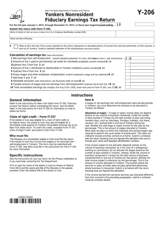 Form Y-206 - Yonkers Nonresident Fiduciary Earnings Tax Return - 2013 Printable pdf