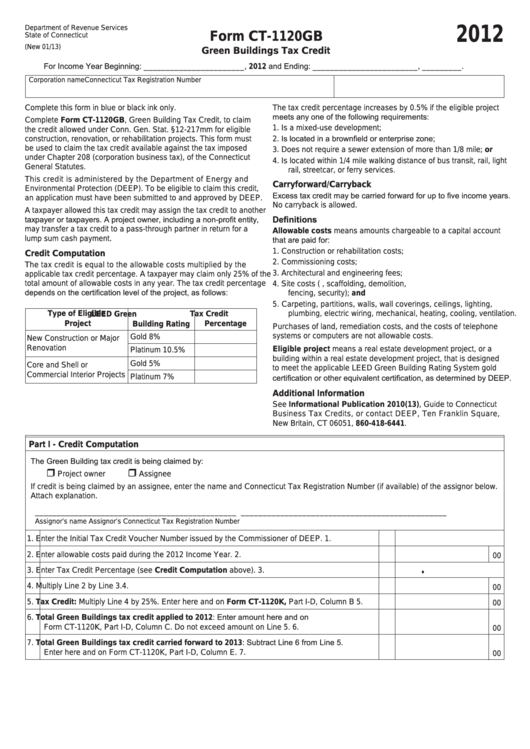 Form Ct-1120gb - Green Buildings Tax Credit - 2012 Printable pdf