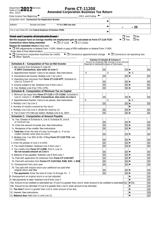 Form Ct-1120x - Amended Corporation Business Tax Return - 2012 Printable pdf