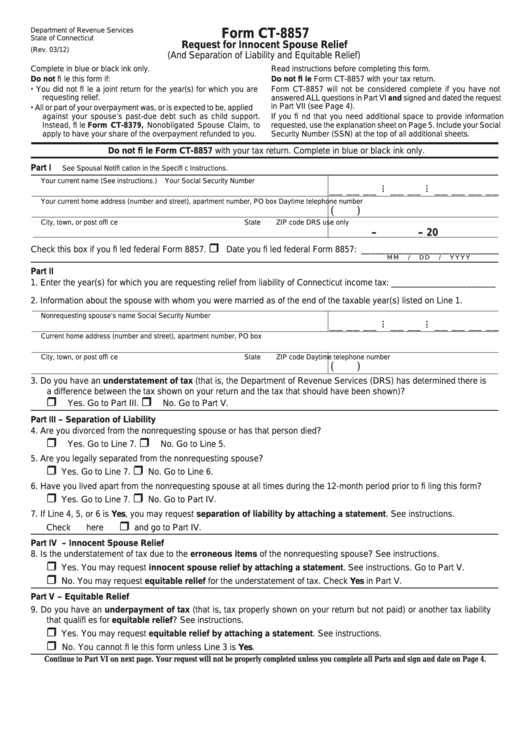 Form Ct-8857 - Request For Innocent Spouse Relief (And Separation Of Liability And Equitable Relief) Printable pdf