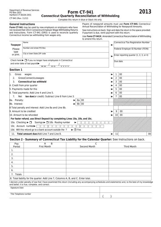 Form Ct-941 - Connecticut Quarterly Reconciliation Of Withholding - 2013 Printable pdf