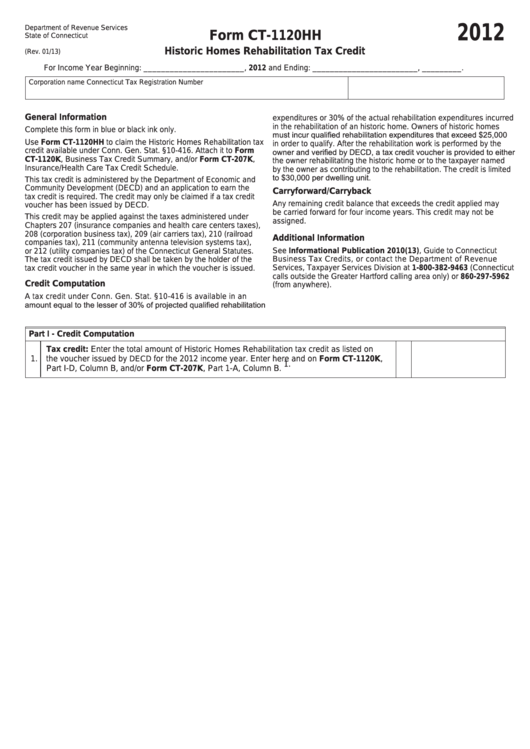 Form Ct-1120hh - Historic Homes Rehabilitation Tax Credit - 2012 Printable pdf