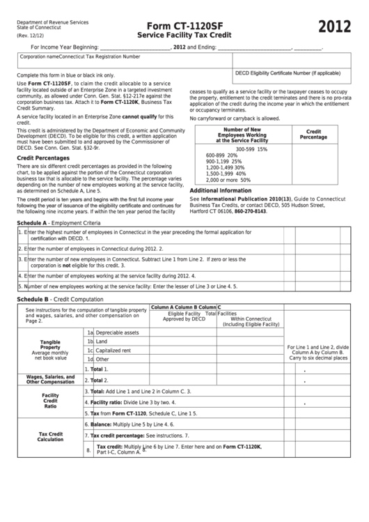 Form Ct-1120sf - Service Facility Tax Credit - 2012 Printable pdf
