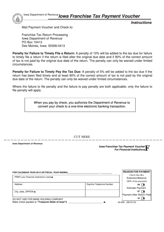 Form 43-009 - Iowa Franchise Tax Payment Voucher For Financial Institutions Printable pdf