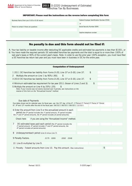 Form D-2220 - Underpayment Of Estimated Franchise Tax By Businesses - 2011