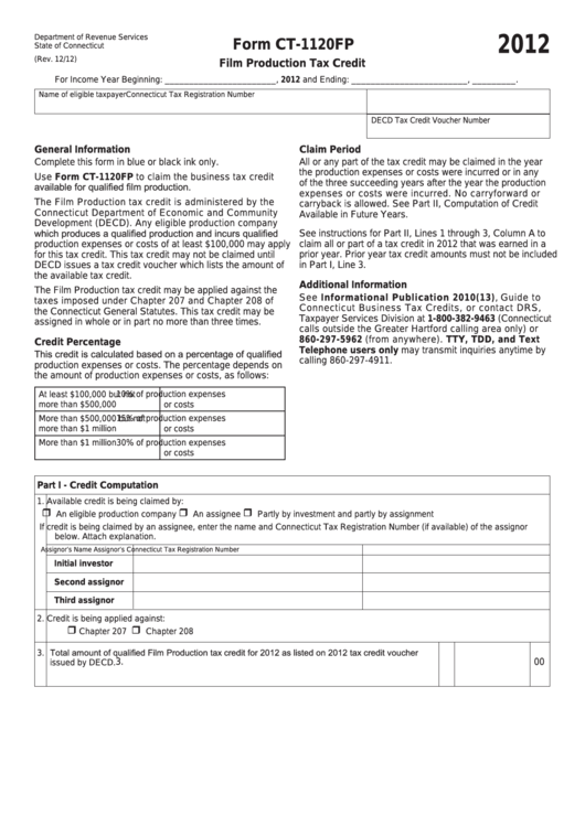 Form Ct-1120fp - Film Production Tax Credit - 2012 Printable pdf