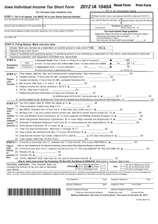 Form Ia 1040a - Iowa Individual Income Tax Short Form - 2012