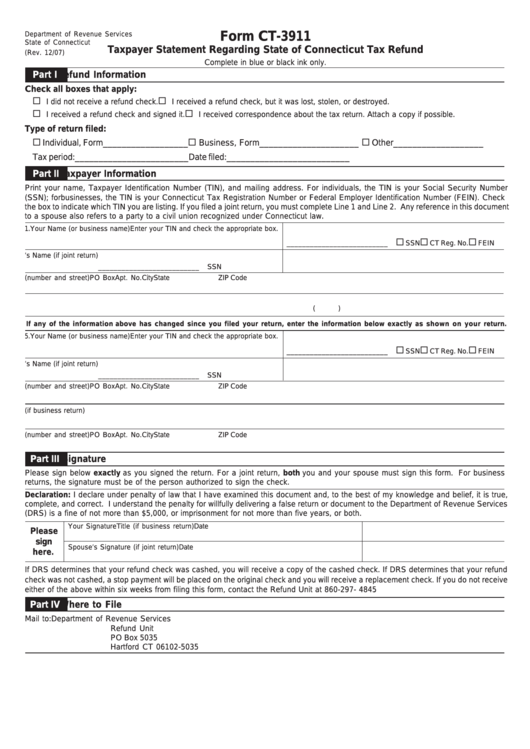 Fillable Form Ct-3911 - Taxpayer Statement Regarding State Of Connecticut Tax Refund Printable pdf
