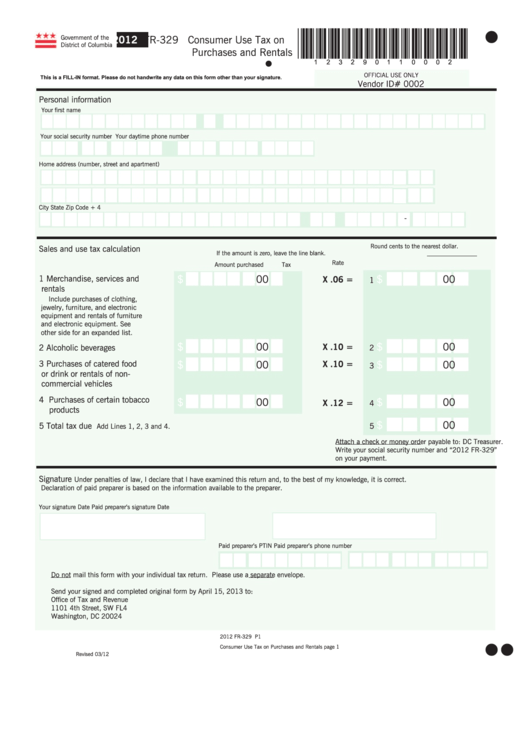 Fillable Form Fr-329 - Consumer Use Tax On Purchases And Rentals - 2012 Printable pdf