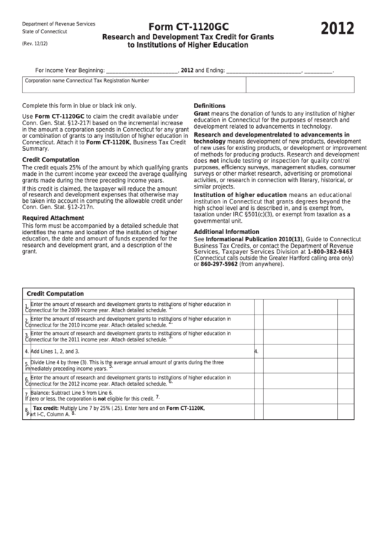 Form Ct-1120gc - Research And Development Tax Credit For Grants To Institutions Of Higher Education - 2012 Printable pdf