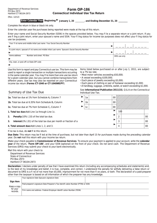 Fillable Form Op-186 - Connecticut Individual Use Tax Return Printable pdf