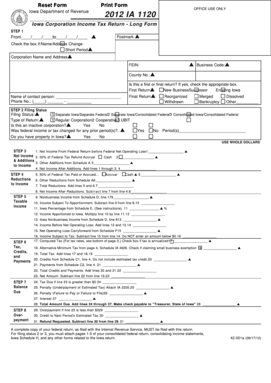 Fillable Form Ia 1120 - Iowa Corporation Income Tax Return - Long Form - 2012 Printable pdf