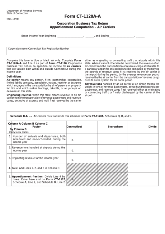 Form Ct-1120a-A - Corporation Business Tax Return Apportionment Computation - Air Carriers Printable pdf