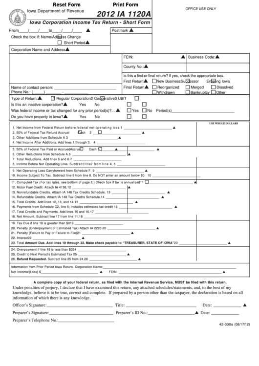 Fillable Form Ia 1120a - Iowa Corporation Income Tax Return - Short Form - 2012 Printable pdf