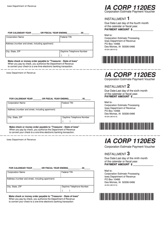 Form Ia Corp 1120es - Corporation Estimate Payment Voucher Printable pdf