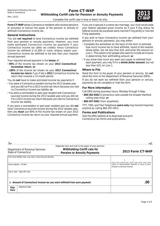 Form Ct-W4p - Withholding Certifi Cate For Pension Or Annuity Payments - 2013 Printable pdf