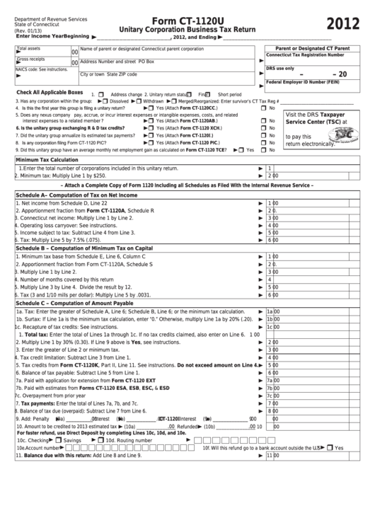 Form Ct-1120u - Unitary Corporation Business Tax Return - 2012 Printable pdf