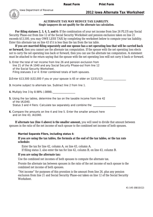 Fillable Form 41-145 - Iowa Alternate Tax Worksheet - 2012 Printable pdf