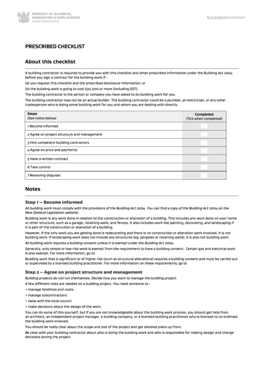 Builders Quotation Checklist - New Zealand Ministry Of Business, Innovation & Employment Printable pdf