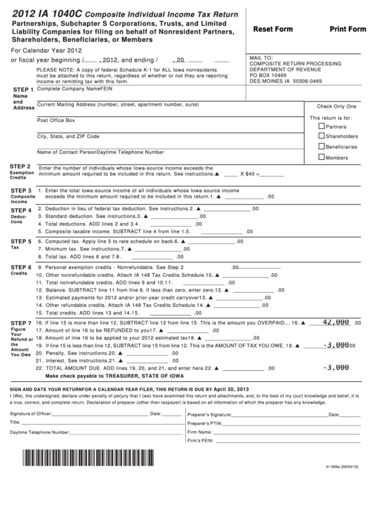 Fillable Form Ia 1040c - Composite Individual Income Tax Return - 2012 Printable pdf