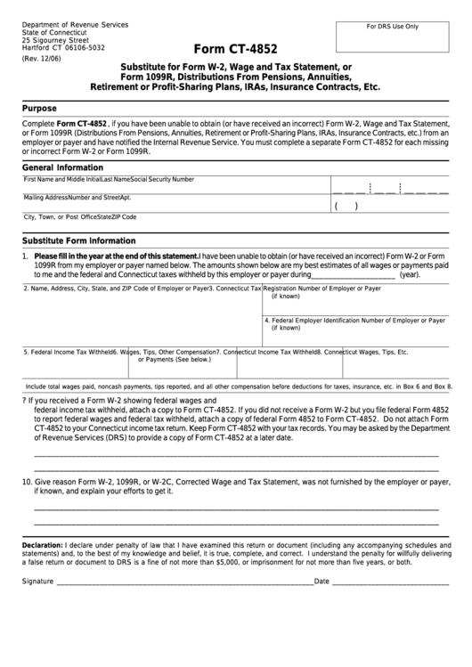 Fillable Form Ct-4852 - Substitute For Form W-2, Wage And Tax Statement, Or Form 1099r, Distributions From Pensions, Annuities, Retirement Or Profit-Sharing Plans, Iras, Insurance Contracts, Etc Printable pdf
