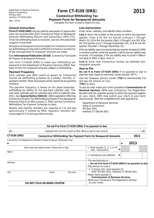 Fillable Form Ct-8109 (Drs) - Connecticut Withholding Tax Payment Form For Nonpayroll Amounts - 2013 Printable pdf